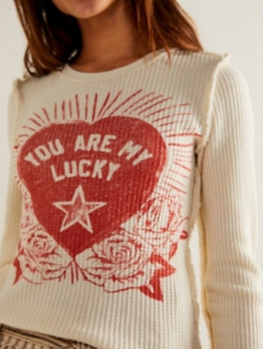 We The Free Cream Waffle Knit Top with Black Tag Accent